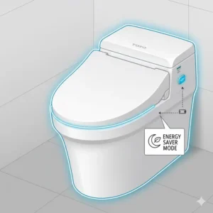A visual guide to the smart energy-saving mode available on a toto toilet with heated seat and bidet.
