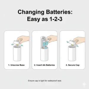 A clear guide on how to replace the AA batteries inside a waterproof battery operated bidet.
