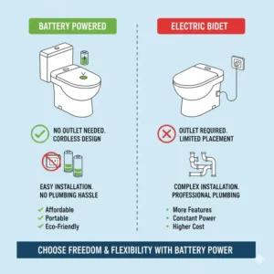 A diagram comparing the cordless convenience of a battery operated bidet toilet seat versus traditional electric models.