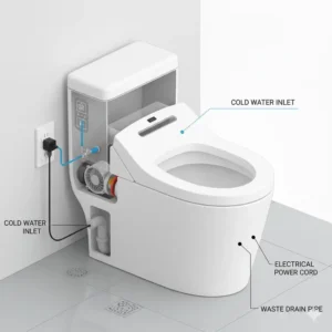 Plumbing and electrical connection layout for the proper installation of a bidet toilet with dryer.