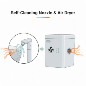Close-up of the self-cleaning nozzle and air outlet of a high-quality bidet attachment dryer.