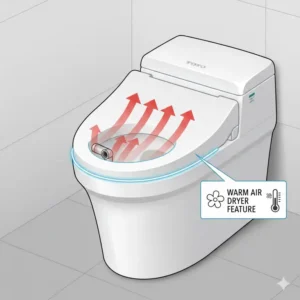 Illustration demonstrating the integrated warm air dryer function of a toto toilet with heated seat and bidet