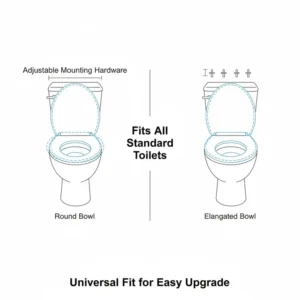 Size comparison chart showing how a battery powered bidet seat fits both round and elongated toilets.