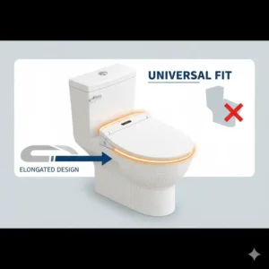 Diagram demonstrating the universal fit of a bidet toilet seat warmer on an elongated bowl.