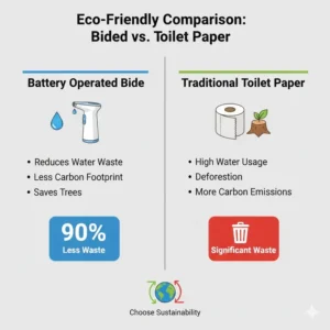An infographic showing why using a battery operated bidet is more sustainable than using toilet paper.