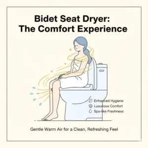 A clean lifestyle illustration depicting the gentle comfort and hygiene provided by a bidet seat dryer.