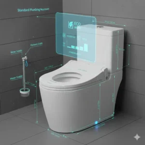 A technical diagram showing the plumbing installation requirements for a bidet toilet with dryer and heated seat.