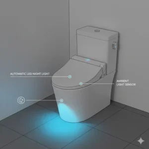 Interior view of a bathroom at night featuring the glowing LED night light of a bidet toilet with dryer.