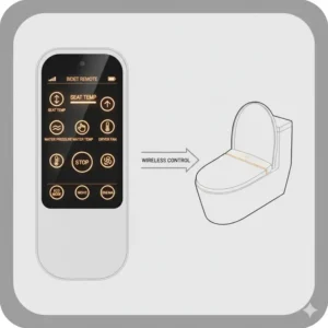 A wireless remote control displaying various settings for a bidet toilet seat warmer.
