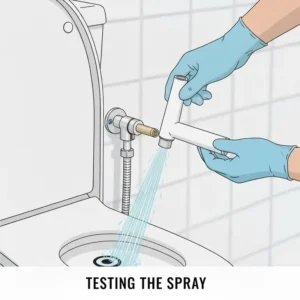 Testing the water flow and spray pattern after a successful bidet nozzle replacement.