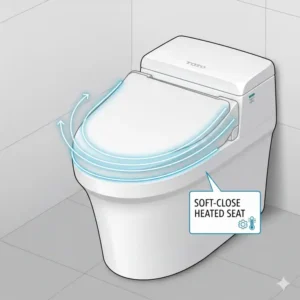 An infographic showing the gentle soft-close lid mechanism on a toto toilet with heated seat and bidet.