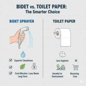 Comparison showing the benefits of the best handheld bidet sprayer for toilet versus using toilet paper.