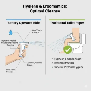 The ergonomic handle and angled spray nozzle design of a high-quality battery operated bidet.
