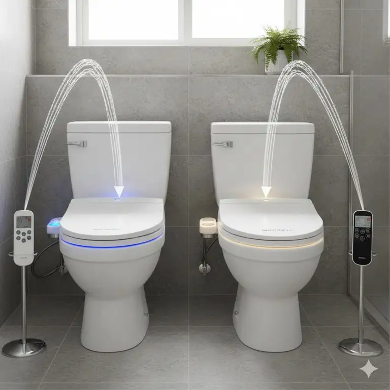 A professional side-by-side comparison of two luxury toilet seats highlighting the competition of bio bidet vs brondell in a modern bathroom.