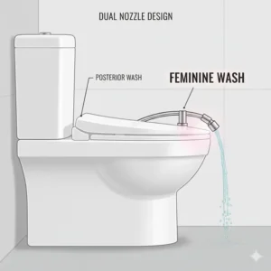 Detailed diagram of the dual nozzle system in a premium bidet with feminine wash function.