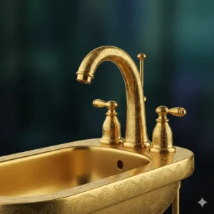 Close-up of a gold-plated designer bidet artistic aesthetic showcasing ornate floral engravings.