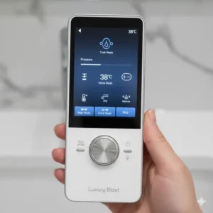 Close-up shot of the digital screen and buttons on a luxury bidet with wireless remote control.