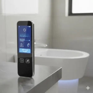 Close-up of a high-tech wireless remote for a luxury bidet with modern aesthetic design.