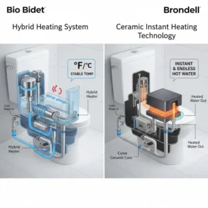 Technical diagram comparing the hybrid and instant water heating technologies used in bio bidet vs brondell models
