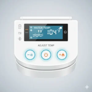 Close-up illustration of the temperature adjustment settings for a bidet toilet seat with heated water.