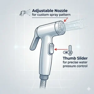 Close-up of the thumb slider and nozzle on the best handheld bidet sprayer for pressure control.