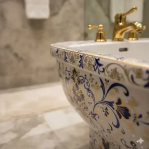 Close-up detail of handcrafted patterns on an artistic bidet for exclusive bathrooms.