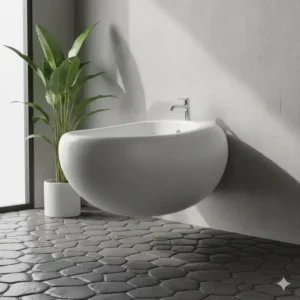 A sculptural white designer bidet artistic aesthetic with an organic oval shape in a modern setting.