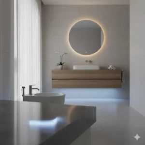 Subtle LED nightlight glowing on a luxury bidet with modern aesthetic design in a dark bathroom.