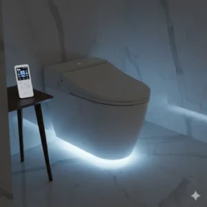 Modern bathroom at night showing the soft LED glow of a luxury bidet with wireless remote control.