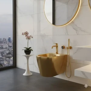 Opulent gold-plated artistic bidet for exclusive bathrooms for a high-end interior look.