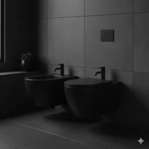 Sleek matte black designer bidet artistic aesthetic integrated into a dark contemporary bathroom design.
