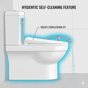 Demonstration of the hygienic self-cleaning nozzle on a premium bidet with feminine wash function.