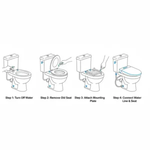 Step-by-step diagram showing the easy installation process of a bidet toilet seat with heated water.