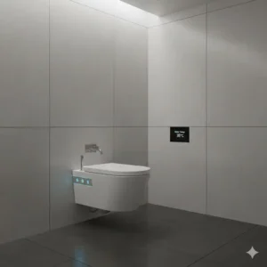 Smart technology designer bidet artistic aesthetic featuring integrated digital controls and clean lines.