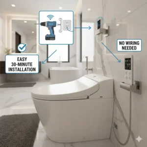 Step-by-step guide showing the easy setup of a luxury bidet with wireless remote control without complex wiring.