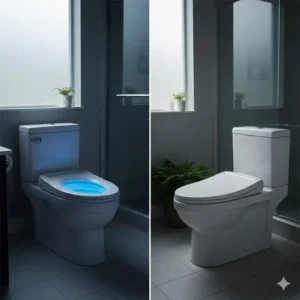 Nighttime view of the LED nightlight functionality and sleek seat profiles of bio bidet vs brondell.