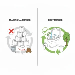 An infographic showing how using a bidet toilet seat with heated water helps save trees and reduce paper waste.
