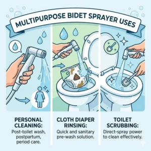 Illustration of the best handheld bidet sprayer being used for versatile cleaning tasks in the bathroom.