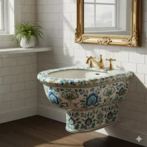 Hand-painted ceramic designer bidet artistic aesthetic with traditional blue floral patterns.