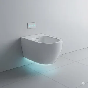 Ambient LED nightlight feature integrated into a designer bidet artistic modern look.