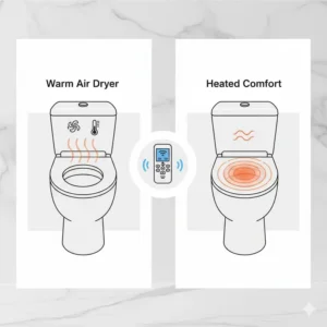 Infographic showing the warm air drying and heated seat features of a luxury bidet with wireless remote control.