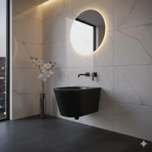 Sleek matte black finish on an artistic bidet for exclusive bathrooms in a luxury villa.