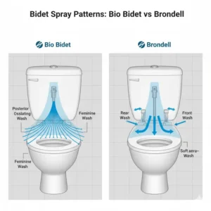 Comparison chart of the adjustable spray patterns and feminine wash modes for bio bidet vs brondell.