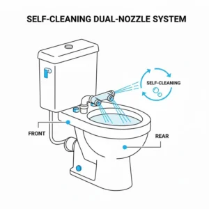 Detailed technical drawing of the self-cleaning dual nozzle system on a bidet toilet seat with heated water.
