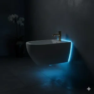 Modern designer bidet artistic aesthetic enhanced by soft blue LED ambient night lighting.
