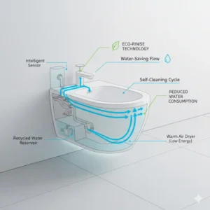 Technical diagram showing the sustainable water-saving technology of a designer bidet artistic modern look.