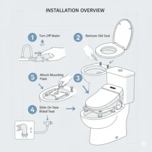 Step-by-step installation overview for a new premium bidet with feminine wash function.