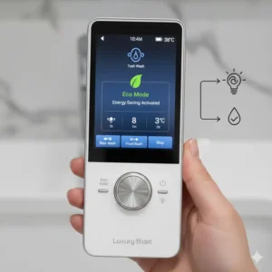 Smart energy-saving settings displayed on the handheld luxury bidet with wireless remote control.