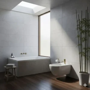 Zen-inspired bathroom layout showcasing a designer bidet artistic aesthetic near a bamboo plant.