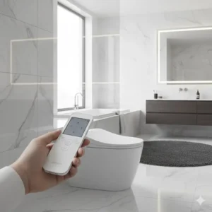 A wide-angle perspective of a high-end master bath integrated with a luxury bidet with wireless remote control.